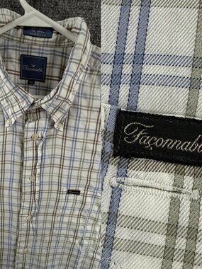 Faconnable Twill Blue Brown Button-Down 2XL USA Plaid Cotton Pocket Mens Shirt